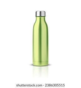 Vector Realistic 3d Green Blank Glossy Metal Reusable Water Bottle with Silver Bung Closeup Isolated on White Background. Design template of Packaging Mockup. Front View