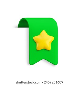 Vector Realistic 3d Green Bookmark with gold star. Favorite icon design element, cute ribbon e-book sticker with shadow isolated on white. Cartoon 3d vertical ribbon tag, tape, add to bookmarks sign.