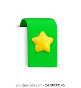 Vector Realistic 3d Green Bookmark with gold star. Favorite icon design element, ribbon e-book sticker with shadow isolated on white. Cartoon 3d vertical ribbon tag, tape, add to bookmarks sign.