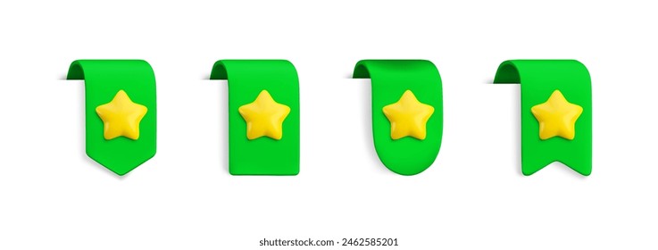 Vector Realistic 3d Green Bookmarks set with gold star. Favorite icon design element, cute ribbons e-book sticker with shadow on white. Cartoon 3d vertical ribbon tags, tape, add to bookmarks.