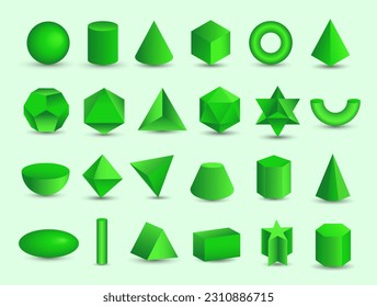 Vector realistic 3D green geometric shapes isolated on background. Maths geometrical figure form, realistic shapes model. Platon solid. Geometric shapes icons for education, business, design