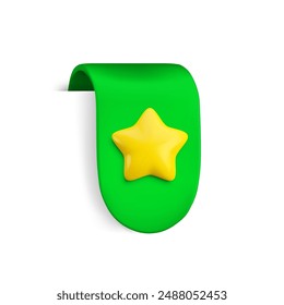 Vector Realistic 3d green Ribbon with gold star. Vintage favorite icon design element, cute ribbon e-book sticker. Cartoon 3d rounded ribbon tag for sale banner, add to bookmarks sign, game, app.