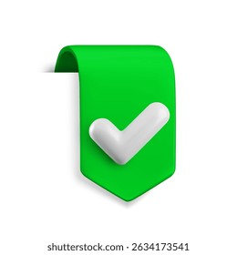 Vector Realistic 3d green ribbon check mark sign. Vintage design element, decorative bookmark sticker with white yes tick. Cartoon 3d select button ribbon tag for web design element, ui, game, app.