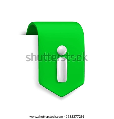 Vector Realistic 3d green ribbon information sign. Vintage design element, decorative bookmark sticker with white i sign. Cartoon 3d Info button ribbon tag for web, help, faq, ui, game, app.