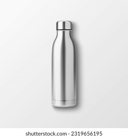 Vector Realistic 3d Grey Silver, Chrome, Steel Color Empty Glossy Metal Reusable Water Bottle with Silver Bung Closeup Isolated. Design template of Packaging Mockup. Front, Top View