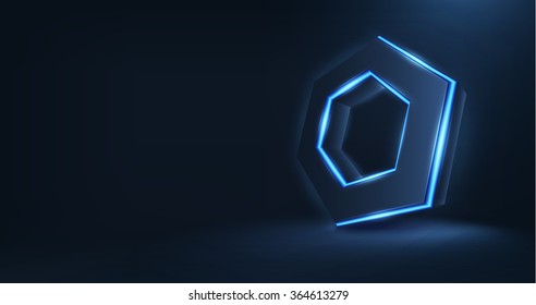 Vector realistic 3d hexagon with neon parts on dark background . Futuristic illustration .
Sci fi object , Realistic hexagon , Futuristic glowing  HUD hexagonal element .Nano techology