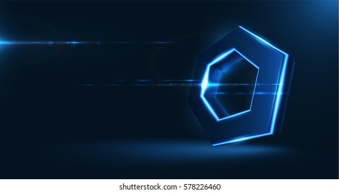 Vector realistic 3d hexagon with neon parts on dark background . Futuristic illustration .

