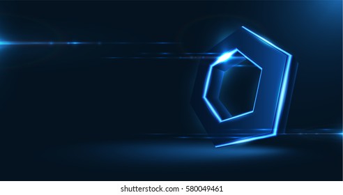 Vector realistic 3d hexagon with neon parts on dark background . Futuristic illustration .