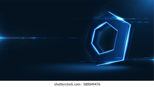 Vector realistic 3d hexagon with neon parts on dark background . Futuristic illustration .