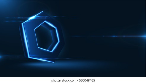 Vector realistic 3d hexagon with neon parts on dark background . Futuristic illustration .
