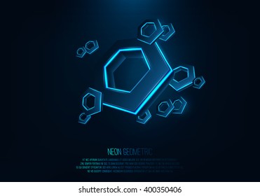 Vector realistic 3d hexagons with neon parts in dark background .Futuristic illustration .
Sci fi object , Realistic hexagon , Futuristic glowing  HUD hexagonal element .Nano techology