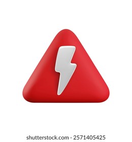 Vector Realistic 3d High Voltage Sign. Cartoon 3d render of white lightning bolt on red triangle background. Electric shock hazard warning, attention symbol.