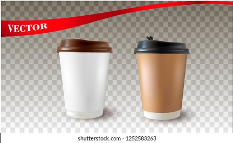 Vector realistic 3d illustration of black coffee cup.Cappuccino.Latte.Americano coffee on transparent background.Paper coffee cup.