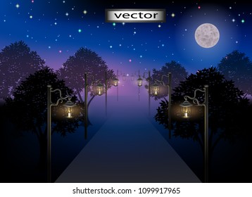 Vector realistic 3D illustration of darkness night landscape at dusk vintage retro city, sidewalk Park moonlight and starry sky, lighting from street lights.
