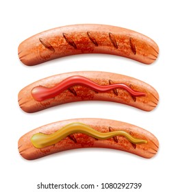 Vector realistic 3d illustration of grilled sausage with ketchup and mustard, isolated on white background. Sausage bbq icon.