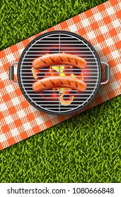 Vector realistic 3d illustration of grilled sausage on round hot barbecue grill. Bbq menu, picnic in park, banner or poster design template.