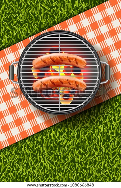 丸い熱いバーベキューグリルの上に焼いたソーセージのベクター画像のリアルな3dイラスト q メニュー 公園でのピクニック バナー ポスターデザインテンプレート のベクター画像素材 ロイヤリティフリー