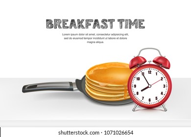 Vector realistic 3d illustration of pan with pancake and red alarm clock on white table. Design for breakfast menu, cafe, restaurant. Kitchen and cooking background.