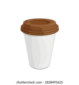 Vector realistic 3d illustration of paper disposable coffee cup with plastic cover on top isolated on white. Takeaway container for beverages latte, espresso, cappuccino. Mock up with empty space.