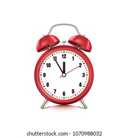 Vector realistic 3d illustration of red alarm clock, isolated on white background. Retro style clock. Five minutes to twelve o'clock.