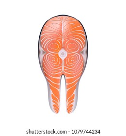 Vector realistic 3d illustration of red salmon steak, isolated on white background. Fresh raw fish, top view icon.