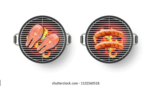 Vector Realistic 3d Illustration Of Round Barbecue Grill With Grilled Sausage And Roasted Red Salmon Steak, Isolated On White Background. BBQ Top View Icon.