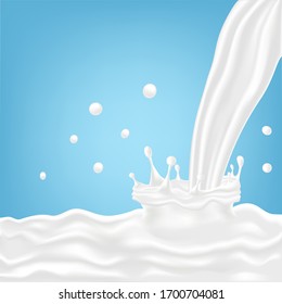 Vector realistic in 3d illustration. Splashing milk  wave on blue background vector illustration for poster, brochure, label and desing element for advertising.Food concept.