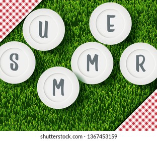 Vector realistic 3d illustration of white empty plate, gingham red plaid on green grass lawn