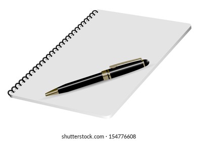 Vector Realistic 3D Illustration Of White Notepad With Luxury Black Pen And Place For Text