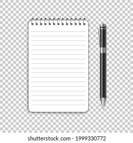 Vector realistic 3D illustration of white notepad with black pen and place for text.Vector illustration isolated on white background.Eps 10.