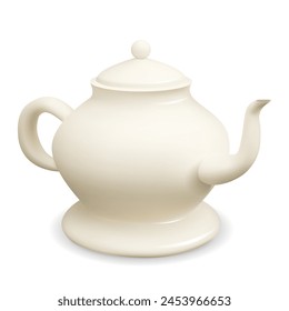 Vector realistic 3D illustration of a white porcelain teapot isolated from the background. Homemade teakettle. Crockery on white background