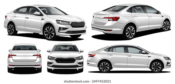 vector realistic 3d illustration white car with gradients and perspective from front back and isometric view	