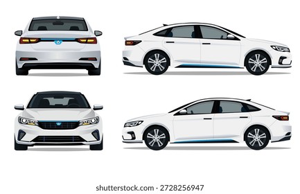 Vector realista 3D ilustración coche blanco con Gradientes y perspectiva desde la parte delantera y trasera y vista lateral