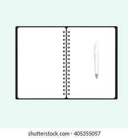 Vector Realistic 3D Illustration of White Notepad with Luxury White Pen and place for text. Notepad and White Pen.