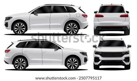 vector realistic 3d illustration white car with gradients and perspective from front back and side view	