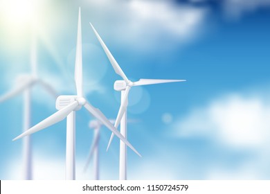 Vector realistic 3d illustration of wind turbine generator against blue cloudy sky. Alternative eco energy technologies and environmental business concept.