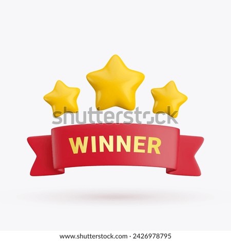 Vector Realistic 3d illustration winner red ribbon with three gold stars. Vintage design element, decorative sticker. Minimal cartoon 3d shiny winner ribbon for banner, advert, game, app.