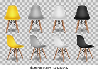 Vector realistic 3d illustration of yellow, white, gray, black chairs, isolated on transparent background. Loft interior objects design elements. Frontal and isometric armchairs. - Shutterstock ID 1149815432