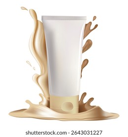 Vector realistic 3d image of cream tube with splash of foundation. White empty tube mockup of packages for branding, cosmetic products.