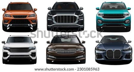 Vector Realistic 3d isolated car  Collection includes Green, Orange, White, Black, SUV and brown sedan and blue sport hatchback all in white background, gradients and trancperncye  Сток-фото © 