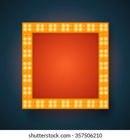 Vector realistic 3D light background.   Retro design element square frame glowing with lamps for your Template, Advertising, Promotions. 