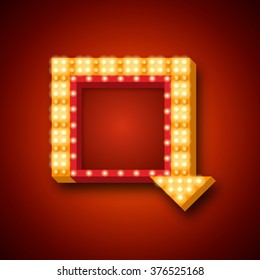 Vector realistic 3D light background.   Retro design element square frame with arrow glowing with lamps for your Template, Advertising, Promotions. 
