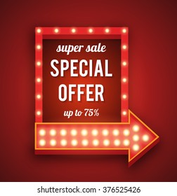 Vector realistic 3D light background.   Retro design element square frame with arrow glowing with lamps for your Template, Advertising, Promotions. 