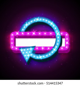 Vector realistic 3D light background. Retro design element square frame with arrow glowing with lamps for your Template, Advertising, Promotions.