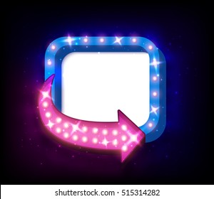 Vector realistic 3D light background. Retro design element square frame with arrow glowing with lamps for your Template, Advertising, Promotions.