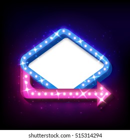 Vector realistic 3D light background. Retro design element square frame with arrow glowing with lamps for your Template, Advertising, Promotions.