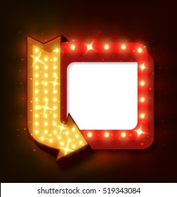 Vector realistic 3D light background. Retro design element square frame with arrow glowing with lamps for your Template, Advertising, Promotions.
