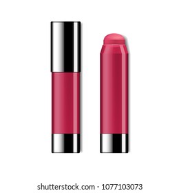 Vector realistic 3d lips and cheeks cream product packaging. Pink plastic mockup tube isolated on white background. Package design promotion template. 
