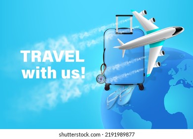 Vector realistic 3d luggage and plane on earth background placed to create tourism advertisement on blue background, for travel and transport concept design.