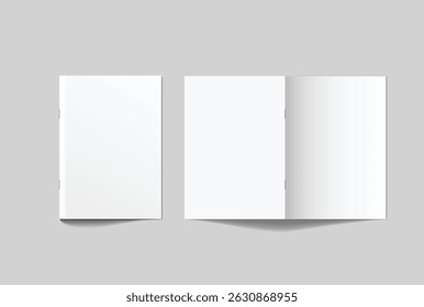 Mockup de revista 3d realista de vetor com tampa branca em branco isolada no fundo. Para a revista de apresentação de negócios, notebook, livreto, brochura, catálogo ou uma empresa de publicidade do editor
